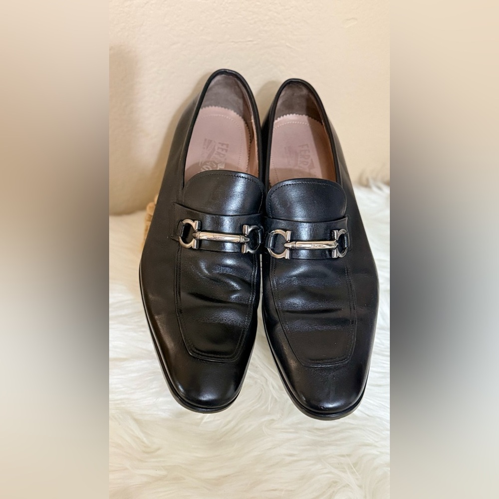 Salvatore Ferragamo Men's Black Leather Slip-Ons with Silver Accent
